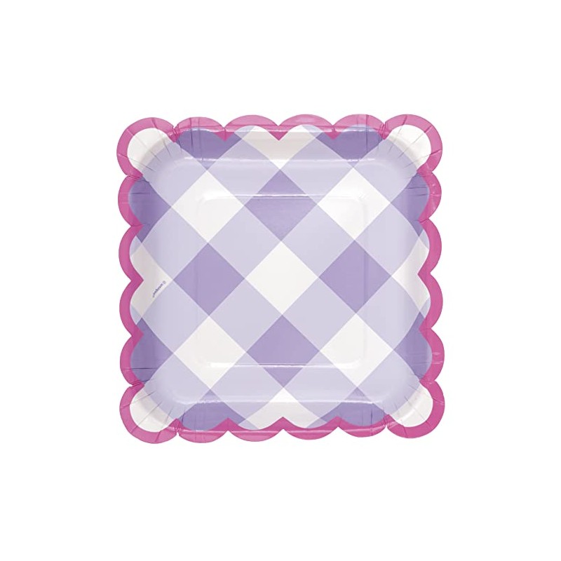 Unique 25534 Square Paper Plates-18 cm-Pastel Gingham Party-8 Count (Pack