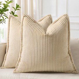 decorUhome Corduroy Beige Throw Pillow Covers 20x20 Set of 2 Decorative Soft Striped Neutral Farmhouse Couch Pillow Covers with Broadside for Living Room Bed Sofa