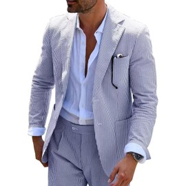 Seersucker Slim Suits Men Formal Summer Beach Wedding Grooms 2 Piece Blazer Pants Party Striped Suit Blue 2XL