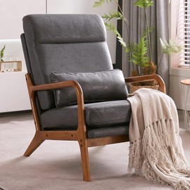 JOYBASE Lounge Accent Chair, Mid Century Modern Chair, High Back Chair, Wood Frame Armchair, Comfy Reading Chair for Living Room, Office, Bedroom (Dark Grey, Bronzing Cloth)