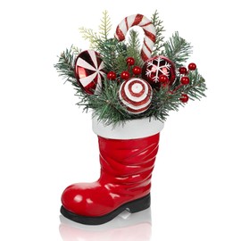 Arborus Christmas Table Decorations 12.9" Santa Boot Christmas Ornament with Red and Gold Baubles, Christmas Balls, Pinecone and Berries, Artificial Plants in Ceramic Pot for Home Living Room Shelf