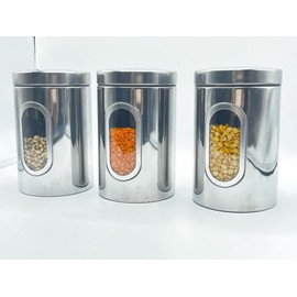 Royal Cuisine Stainless Steel Round Canister Set Of 3 Clear Window and Multi Food Storage Jars (Silver)