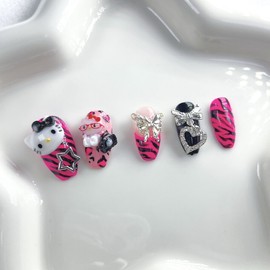 Gyarust Black Pink Cat Nail - Round / 갸루st 블랙 핑크 고양이 네일 - 라운드