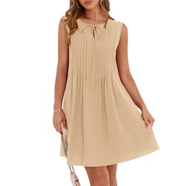 BTFBM Womens Summer Mini Dress 2025 Sleeveless Crew Neck Cute Bow Tie Front Loose Pleated Casual Short Dresses Pockets(Khaki, Small)