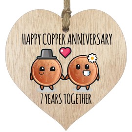 7th Wedding Anniversary Plaque Gift for Husband Wife - 7 Years Together - Happy Copper Anniversary Wooden Heart for Women Men Partner, Light Wood Sign Keepsake Gifts