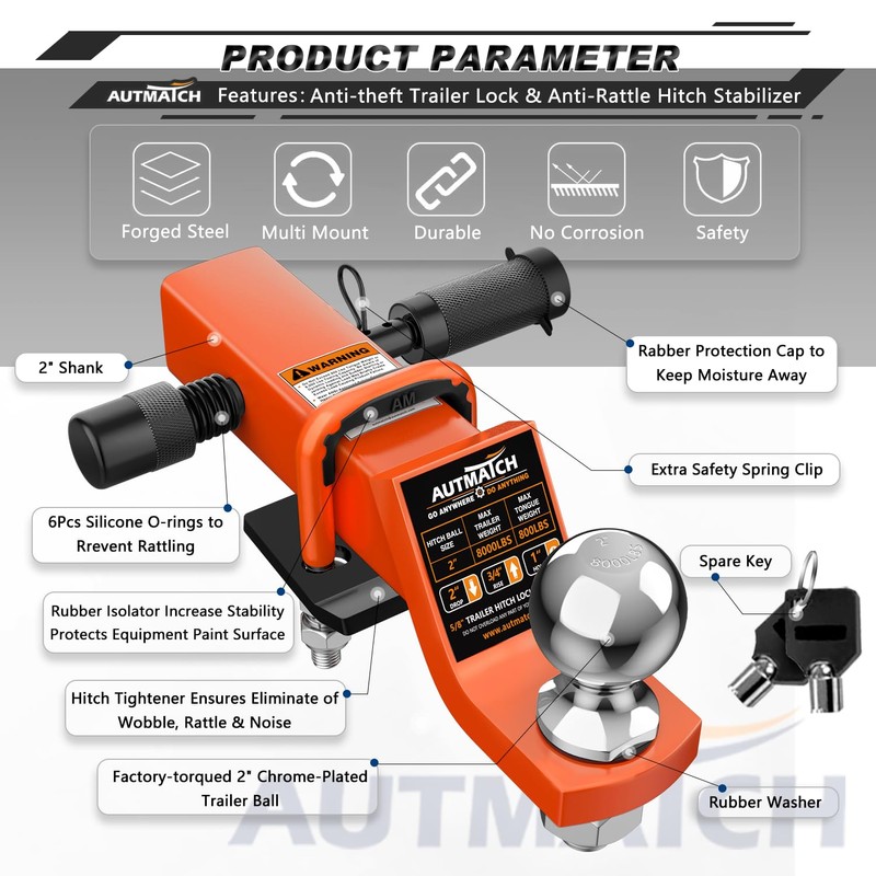 AUTMATCH Trailer Hitch Ball Mount with 2 Inch Hitch Ball