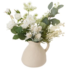 Artificial Flowers Bouquet in Vase,Silk Floral Arrangements,Faux Flowers with Clay Vase,Tables Centerpieces for Dining Room,Flower Centerpieces for Home Indoor Floral Decor