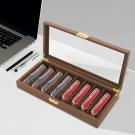 Vintage Knife Storage Box Portable Knife Display Case Organizer 8 Compartments Pocket Knives Holder Collection Cases with Clear Glas Window Top for Men Women (Walnut Color)