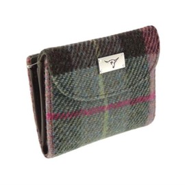 Green and Rose Pink Tartan Check Harris Tweed Jura Short Ladies Purse Wallet
