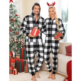 SWOMOG Couples Christmas One Piece Pajamas Sets Women & Men Fleece Winter Loungewear Zip-Up Jumpsuit with Pockets Pjs Women Big Black White Grid Small