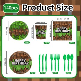 140pcs Green Birthday Party Decorations Green Plates Napkins Party Supplies Disposable Paper Cups Tableware Set for Boys Kid Teen Birthday Decor Serves 20