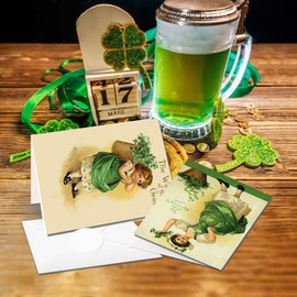 St.Patrick's Greeting Cards with Envelopes, 24 Piece Set St.Patrick's Greeting Cards, Lucky Clover Folding Greeting Cards with Envelopes and Stickers, Postcards for Kids, Family, Friends (St. Patrick