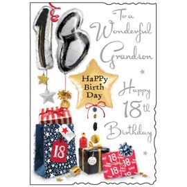 Jonny Javelin Wonderful Grandson Happy 18th Birthday Card - Age 18 Balloons Presents