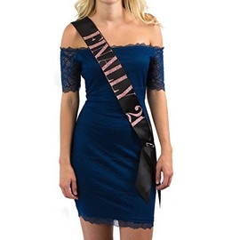 Dulcet Downtown Black Satin Birthday Finally 21 Sash in Rose Glitter