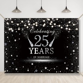 Bellimas Celebrating 25 Years of Marriage Backdrop Black and Silver Lights Champagne 25th Anniversary Background Silver Wedding Party Decorations Banner with Copper Grommets