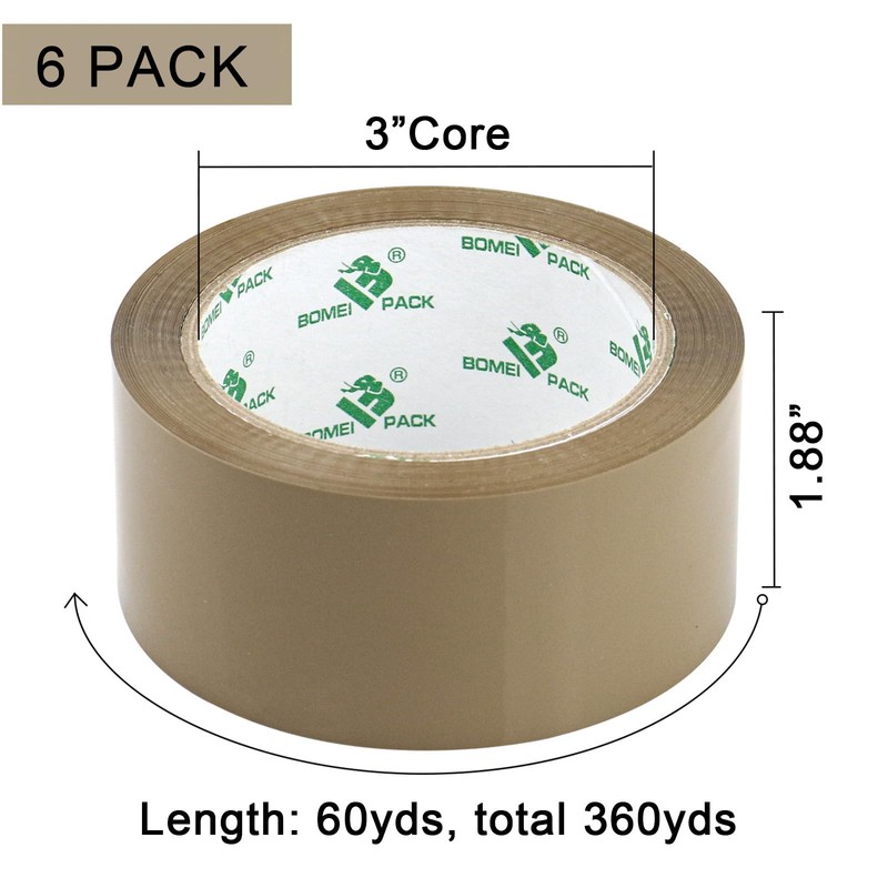 BOMEI PACK 6 Rolls Silent Brown Packing Tape, 1.88" x