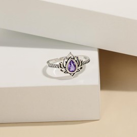 LOVECOM Lotus Ring for Women Teen Girls 925 Sterling Silver Lotus Flower Promise Rings Cubic Zirconia Begin Again My Trauma Inspirational Wedding Band Ring Jewelry Birthday Gifts for Her (Purple, 7)