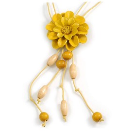 Avalaya Yellow Leather Daisy Pendant with Long Cotton Cord - 80cm L/ 18cm L Pendant - Adjustable