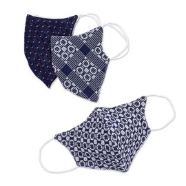 NOVICA Artisan Handmade Cotton Face Masks 3 Thai White Navy Blue Accessories Assorted Triple Layer Ear Loop Filter Pocket Printed Thailand ' Cool Thai Blues' Set of 3