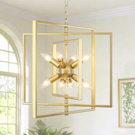 KOOFREDDO 8-Light Modern Gold Chandelier, Lantern Dining Room Light Fixtures, Industrial Adjustable Hanging Pendant Lights Kitchen Island Dining Room Entryway Foyer