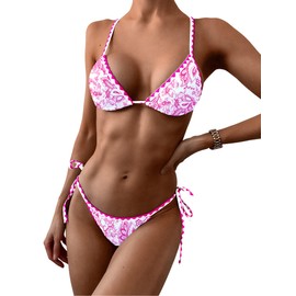 ZAFUL Bikini triángulo para mujer, con lazo lateral, puntada de látigo, traje de baño de dos piezas, 3-pink Ethnic, Small