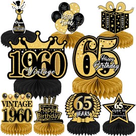 65th Birthday Decorations Honeycomb Men - 9 Pcs Vintage 65th Birthday Centerpieces Table Decoration For Women Black Gold 65 Years Old Birthday Party Happy 65th 1960 Aniversary Retirement Decor
