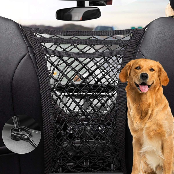 PRIDEEP Dog Car Net Barrier 3 Layers with Auto Safety Mesh Organizer, Universal Stretchable Pet Barrier Backseat Storage Mesh Bag Dog Car Divider Net for Cars, SUVs-Drive Safely with Children and Pets