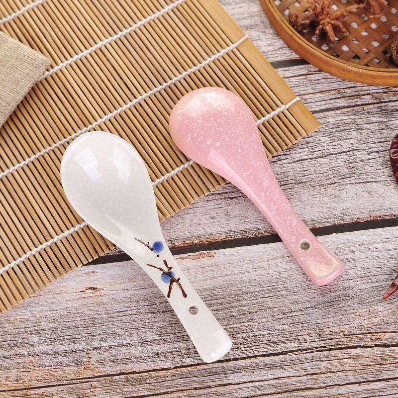 VanEnjoy Set of 4 Chinese/Japanese Ceramic Soup Spoons, Pink Cherry