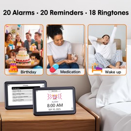 Raynic 7” Rechargeable Digital Calendar Clock – Portable Day Date Clock with 20 Alarms & Reminders, 12 Themes with Photo Album, 6 Languages, Semi-Auto Dimming for Desktop, Bedrooms & Travel