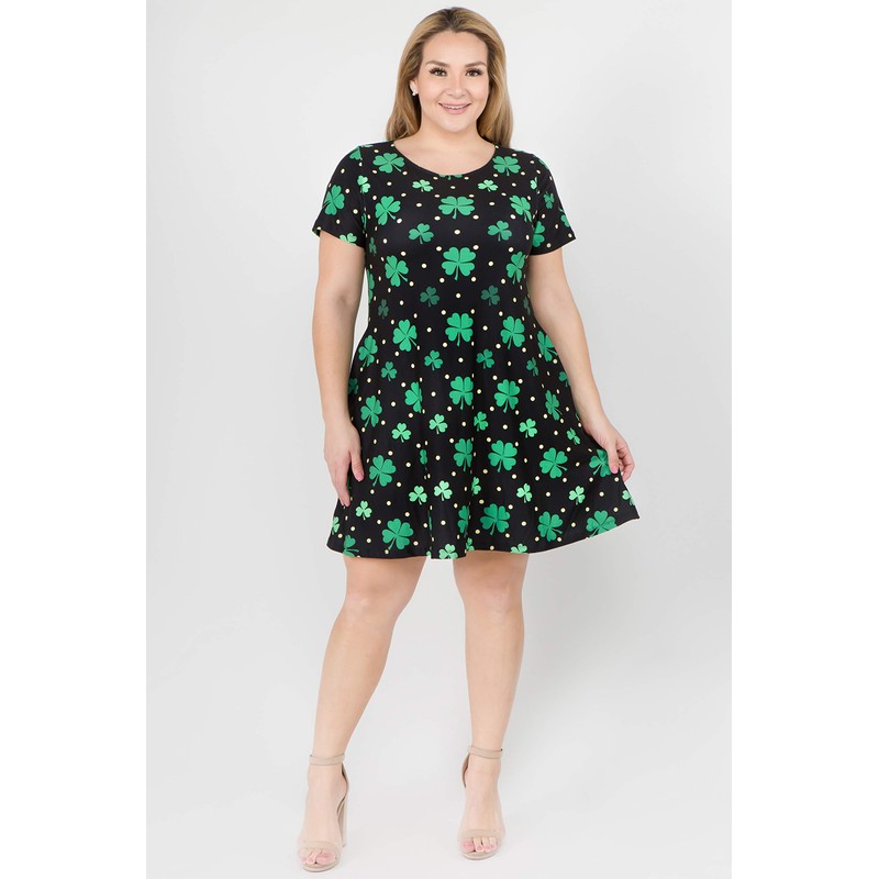Women’s St Patricks Day Dotted Clover Dress with Pockets Casual