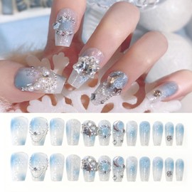 HAPVITAL 24-Piece Set, Nail Tips, Press-On Nails, Popular, 3D, Handmade Japanese Style, Bride's Nails, Glossy, Wedding, Cute, 3D Dimension, Easy to Stick, Reusable, Popular Design, Artificial Nails