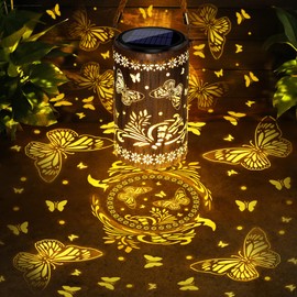 Lingtoolator lar Lantern Outdoor, Hanging Solar Outdoor Lights Garden Decor, Waterproof Hollow Out Retro Metal Butterfly Decorative Lights for Patio, Balcony, Yard, Walkway, Outdoor Butterfly D