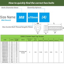 AMLOOPH M8 Screws, M8 X 70mm Allen Socket Head Cap Screws/Bolts - 8mm Diameter Fully Threaded M8 Bolts 70mm A2 Stainless Steel Long Hex Socket Bolt Coarse (Pack Of 4）