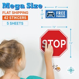42 Pieces Mega Size Waterproof Road Traffic Street Signs Wall Decal Stickers Vinyl Wall Decals for Kids Bedroom Classroom Playroom Birthday Decor (Flat Packing 5 Sheets 17"X11")