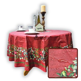 Sweet Us Christmas Cheer Wipeable Tablecloth Spill Resistant Acrylic Coated, Floral Cotton French Provencal Tablecloth for Rectangle Tables, Table Cover for Indoor and Outdoors, Deep Wine, 71-in Round