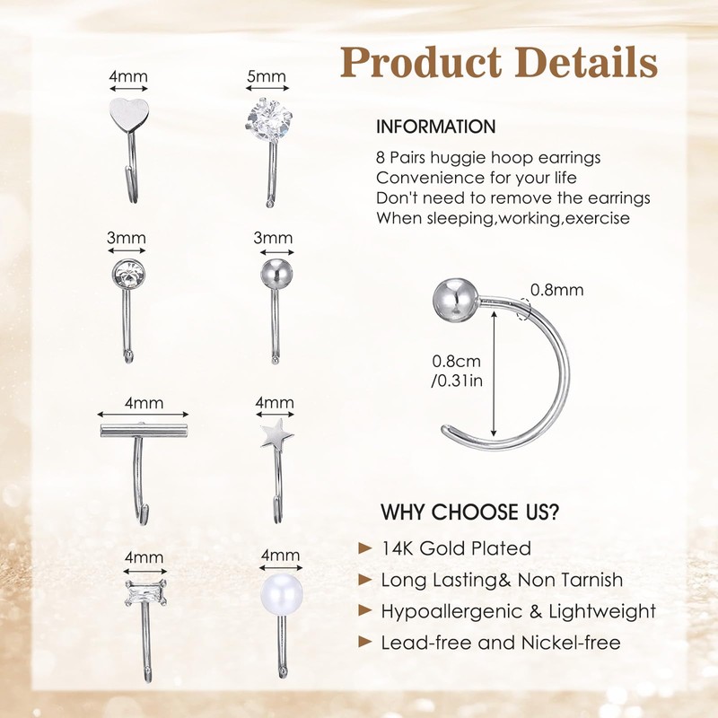 8 Pairs Stainless Steel Half Hoop Earrings | Huggie Hoop