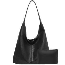 Slouchy Hobo Bags for Women Tote Bag Retro Vegan Leather Shoulder Bag Large Soft Shoulder Purses Handbags 2 pcs Black