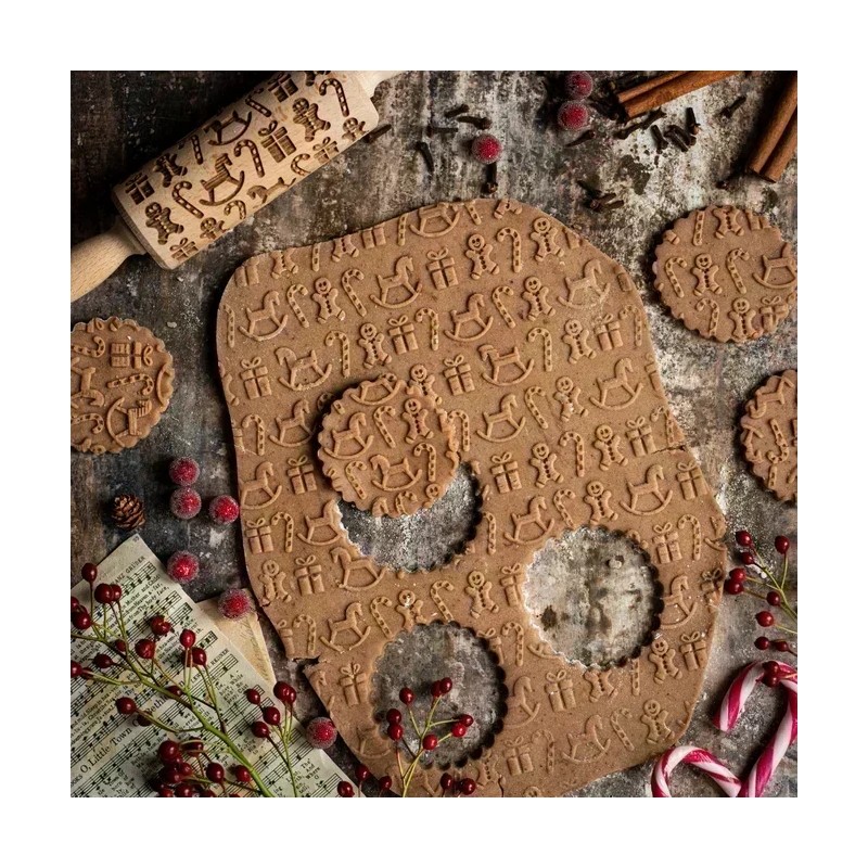 Embossed Wooden Rolling Pin for Holiday Baking – Snowflake &