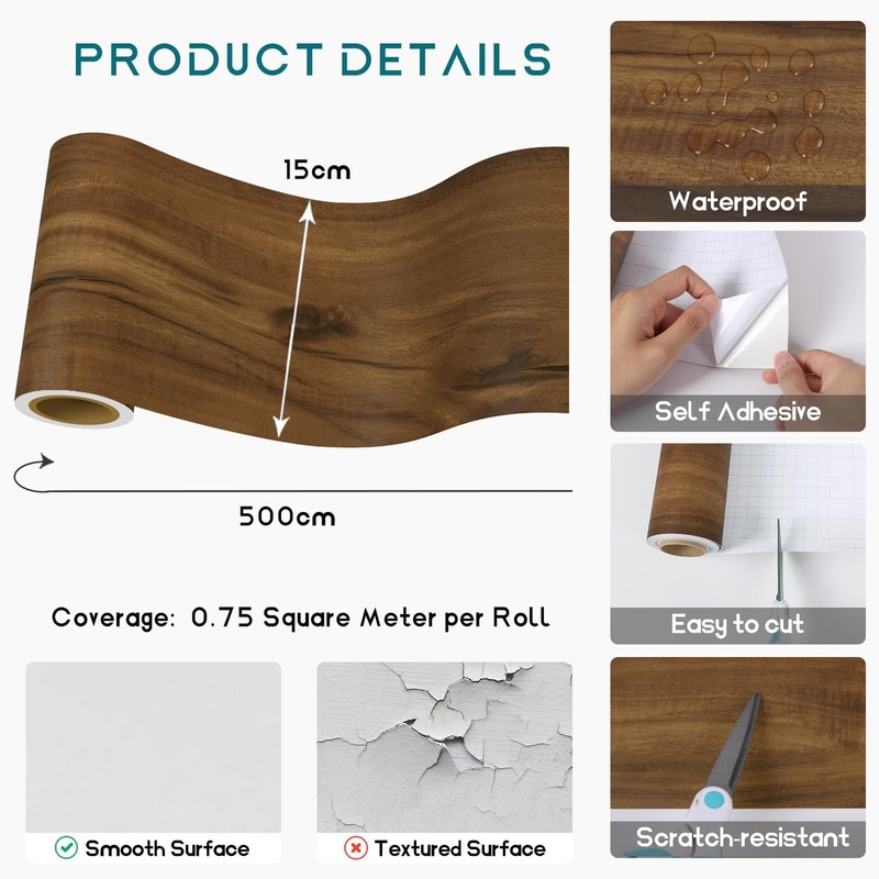 VEELIKE Wood Grain Wallpaper Sticker, Mini Size, Masking Tape, Wide,