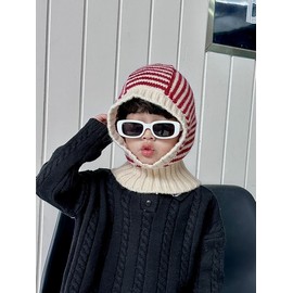 Kids' Balaclava Hat, Korean Style, Autumn/Winter, Color-Matched, lf1940, Free Size (Ages 2-8) Stripe - Deep Beige (Head Circumference 47-53cm) 3ea