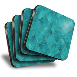 Destination Vinyl ltd Great Coasters (Set of 4) Square - Teal Blue Geometric Tiles Drink Glossy Coasters/Tabletop Protection for Any Table Type #2527