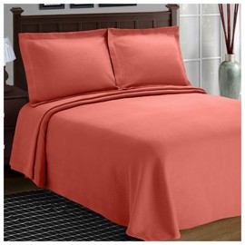SUPERIOR Cotton Bedspread and Pillow Shams - Jacquard Matelassee Coverlet, Cotton Quilt, Coral, Twin Size