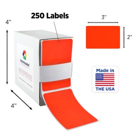 ChromaLabel 2 x 3 inch Permanent Color Code Rectangle Labels, 250 Labels per Dispenser Box, Fluorescent Red Orange