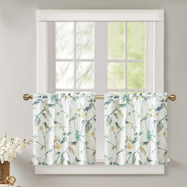 Leeva Kitchen Curtains 24 Inch Length Set, Green Bird Light Filtering Window Curtain Panels for Small Window Living Room Bathroom, 29 x 24 Inch, Rod Pocket
