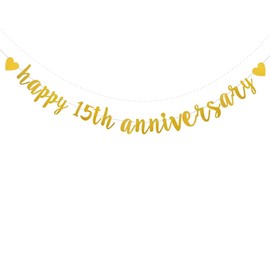 XIAOLUOLY Gold Glitter Happy 15th Anniversary Banner,Pre-Strung, Party Decorations Bunting Sign Backdrops,Happy 15th Anniversary