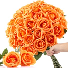 Thiccywoov 30 Pcs Rose Artificial Flowers in Bulk Real Touch Long Stem Silk Roses Bouquets Realistic Faux Flowers for Wedding Bridal Shower Home Decor Floral Arrangements Table Centerpiece(Orange)