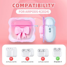 Cute Case for AirPod 4 with Keychain Pink Bow Clear Gradient Design Wavy Border Protective Soft Cover for AirPods 4th Generation 2024 Released