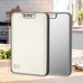 DASIAUTOEM Double-Sided Stainless Steel Chopping Board, Double-Sided Large Chopping Board, Stainless Steel Chopping Board for Meat, Vegetables, Meat, with Juice Slide and Non-Slip Handle, Dishwasher