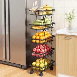 Fruit Basket Kitchen Pantry Organizers and Storage - 5 Tier Stackable Metal Wire Basket Stand for Fruit Vegetable Snacks Jars Bins Containers Organization, Black