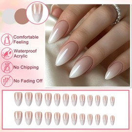 24Pcs Press on Nails Almond, French Tip False Nails Medium Long, Gray White Gradient Acrylic Fake Nails with Glue Stickers, Stiletto Glossy Full Cover Stick on Nail for Women Girls DIY Manicure